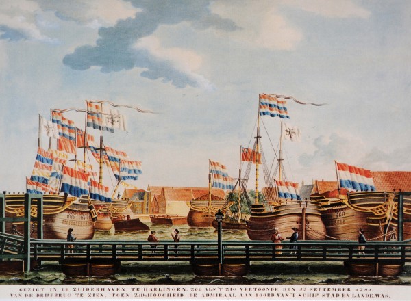 Aquarel van de 'Stad en Lande’, een oorlogsschip dat rond 1791 in de Zuiderhaven werd gebouwd en te groot was om de haven te verlaten. Uiteindelijk werd het gesloopt.
