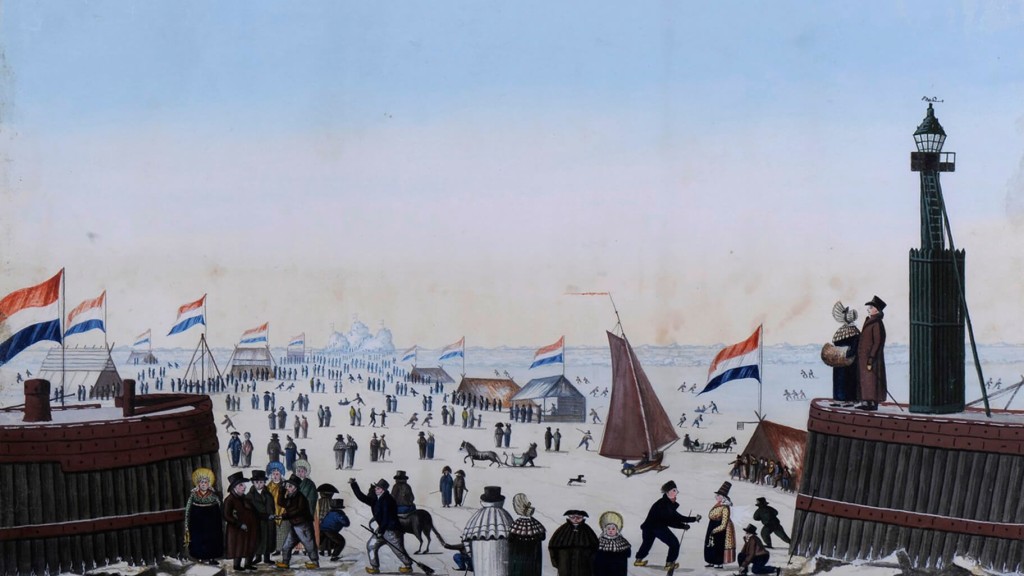 In 1823 was er een heel strenge winter. P. Dijkstra maakte een gouache waarop het levendige tafereel op het ijs is afgebeeld.