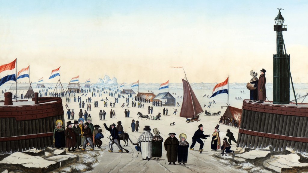 In 1823 was er een heel strenge winter. P. Dijkstra maakte een gouache waarop het levendige tafereel op het ijs is afgebeeld.