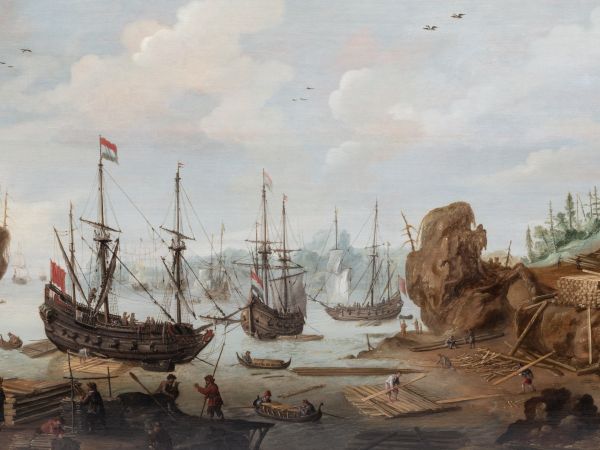 Olieverfschilderij, Nederlandse houthaalders in een Scandinavische baai, vervaardigd door Cornelis Claesz van Wieringen, 1610 – 1633. Bruikleen van het Fries Museum te Leeuwarden, Collectie Provincie Fryslân. Gerestaureerd in 2022 met steun van de Wassenbergh-Clarijs-Fontein Stichting