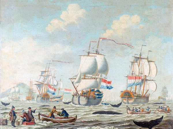 De Harlinger tegelschilder Dirk Jacob Danser maakte ook schilderijen, zoals dit tafereel met walvisvangst uit circa 1750.