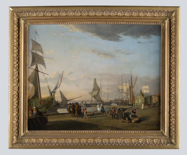 Nicolaas Baur schilderde in 1817 de Harlinger Buitenhaven. Het is een drukte van belang. Links het Statenjacht en rechts het groene wachtlokaal van de beurtschippers.