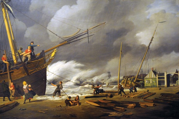 In de Buitenhaven van Harlingen gaat de storm flink tekeer. Nicolaas Baur (Harlingen 1767-1820) legde het vast in olieverf op paneel.