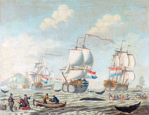 De Harlinger tegelschilder Dirk Jacob Danser maakte ook schilderijen, zoals dit tafereel met walvisvangst uit circa 1750.